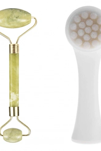 2'li Set Çift Taraflı Cilt Temizleme Fırçası ve Yeşim Taşı Çift Taraflı Cilt Masaj Aleti (4940)