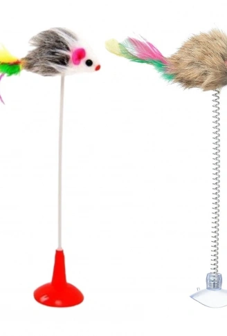 2'li Vantuzlu Fareli Tüylü Hareketli Çanlı ve Esneyen Eğlenceli Peluş Kedi Oyuncağı (4940)