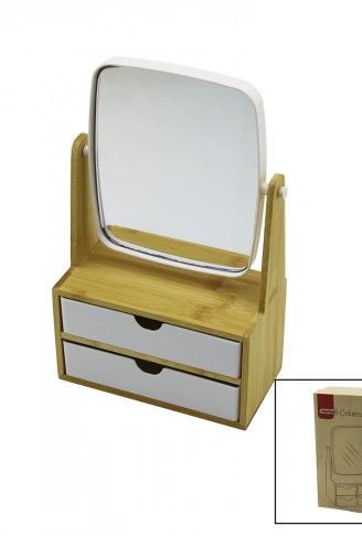 2 ÇEKMECELİ BAMBU AHŞAP STANDLI=9X9.9X17.8X21.5CM MAKYAJ AYNASI=15X18CM TAKILIK 1+1 ORGANİZER (4940)