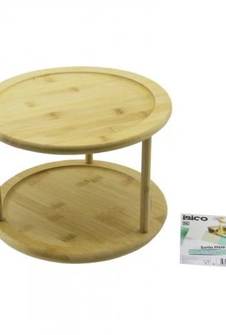 2 KATLI YUVARLAK=24.5CM DÖNER TABLALI AHŞAP BAMBU SUNUM TEPSİSİ - MİNİ SOFRA (4940)