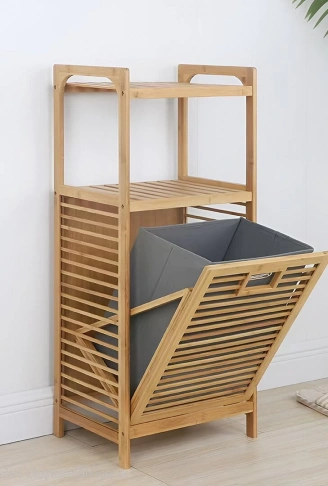 2 ORGANİZER RAFLI - ÇEK AÇ SEPET AHŞAP BAMBU KİRLİ ÇAMAŞIR SEPET 40X35X95CM (4940)