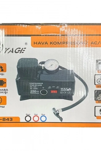 220 Volt-12 Volt 250 Psi Kompresör Lastik Hava Şişirme Oto Pompası Fişli Ve Çakmaklı Yage-843 (4940)