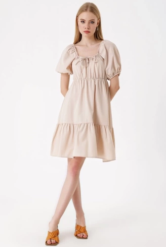 2351 Kloş Poplin Elbise - Bej