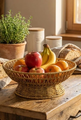 25 cm Plastik Rattan Servis Çanağı – Doğal Hasır Görünümlü Dekoratif Meyve, Ekmek ve Sunum Kasesi (4940)