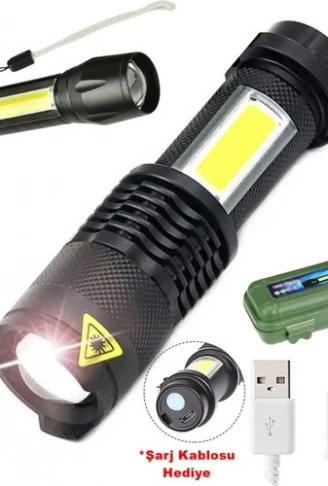 2500 Lumens + 5W COB LED USB Lion Şarjlı Ultra Güçlü Q5 XPE Su Geçirmez Şarjlı El Feneri (4940)