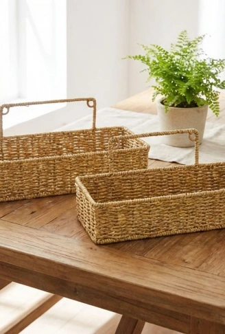 2’li Duvar Askılı Plastik Rattan Organizer – Dikdörtgen Hasır Görünümlü Mutfak Raf Sepeti, Banyo ve Ev İçi Düzenleme Ünitesi (4940)