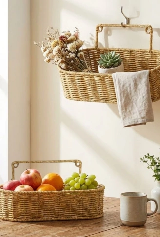 2’li Duvar Askılı Plastik Rattan Organizer – Oval Hasır Görünümlü Mutfak Raf Sepeti, Banyo ve Ev İçi Düzenleme Ünitesi (4940)