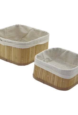 2Lİ   KARE   BAMBU KENAR  ORGANİZER SEPET AHŞAP ALTLIK - BEZLİ 21X21X10CM - 17X17X8CM (4940)
