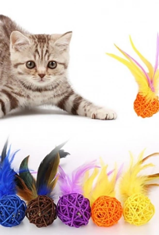 2li Rattan Renkli Peluş Tüy Kedi Köpek Oyuncak Yakalama Çiğneme Çıngıraklı Top Oyuncağı (4940)