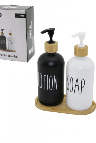 2Lİ SET CAM SIVI SABUNLUK - LOSYONLUK 2X500MLBOYALI CAM=SİYAH-BEYAZ AHŞAP BAMBU ALTLIK - KAPAK (4940)