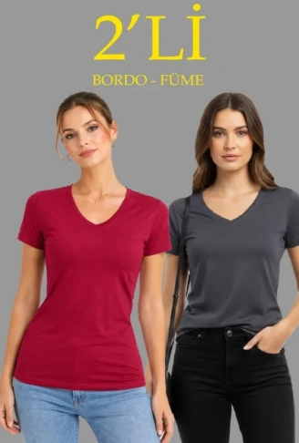 2li V Yaka Tişört – Kısa Kollu Yazlık Slim Fit Body - Bordo - Füme