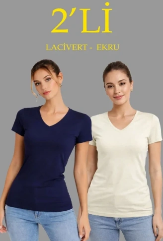 2li V Yaka Tişört – Kısa Kollu Yazlık Slim Fit Body - Lacivert - Ekru