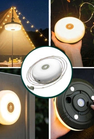 2’si 1 Arada 5 Farklı Işık Modlu Gün Işığı Şarjlı Kamp Lambası ve Makaralı 10 Metre Peri LED Işık – Su Geçirmez Mıknatıslı Aydınlatma Feneri (4940)