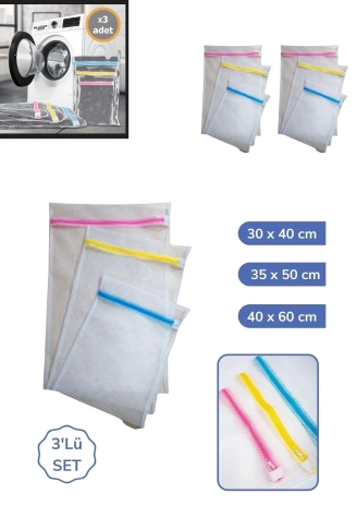3'lü Çamaşır Yıkama Filesi Set Renkli Fermuarlı Pratik Çamaşır Yıkama Filesi Seti 3 Boy