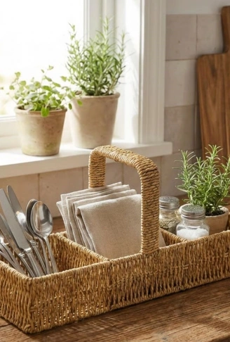 3 Bölmeli Plastik Rattan Düzenleyici–Saplı Masaüstü Organizer, Mutfak Kaşık Çatal Sepeti, Banyo &amp; Ofis Çok Amaçlı Sunum Standı (4940)