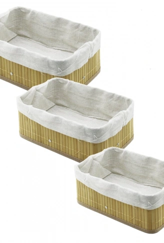 3 BOY DİKDÖRTGEN BAMBU KENAR ORGANİZER SEPET AHŞAP ALTLIK - BEZLİ 13X20-16X24-20X31CM (4940)