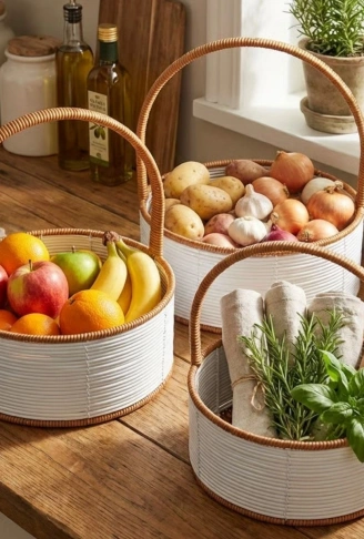 3 Boy İç İçe Geçebilen Plastik Rattan Sepetler–Beyaz Renkli,Kahverengi Saplı, Çok Amaçlı Düzenleyici ve Sunum Sepeti Seti (4940)