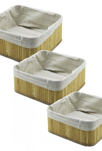 3 BOY KARE BAMBU KENAR ORGANİZER SEPET AHŞAP ALTLIK - BEZLİ 17X17-21X21-26X26CM (4940)