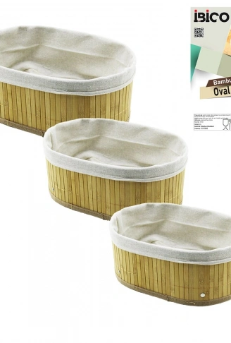 3 BOY  OVAL  BAMBU KENAR ORGANİZER SEPET AHŞAP ALTLIK - BEZLİ  13X22-16X26-20X30CM (4940)
