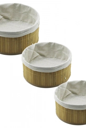 3 BOY YUVARLAK BAMBU KENAR ORGANİZER SEPET AHŞAP ALTLIK - BEZLİ 21X25X28CM (4940)