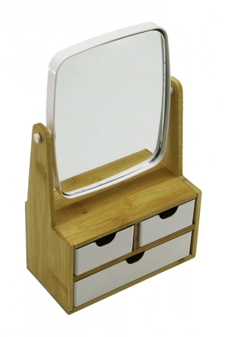 3 ÇEKMECELİ BAMBU AHŞAP STANDLI=9X9.5X18X21.5CM MAKYAJ AYNASI=15X18CM TAKILIK 2+1 ORGANİZER (4940)