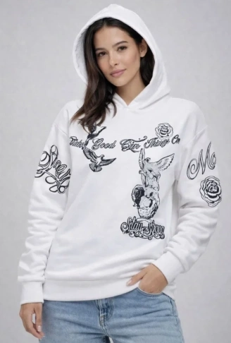 3 İplik Pamuklu Kapüşonlu Baskılı SweatShirt Hoodie - Beyaz
