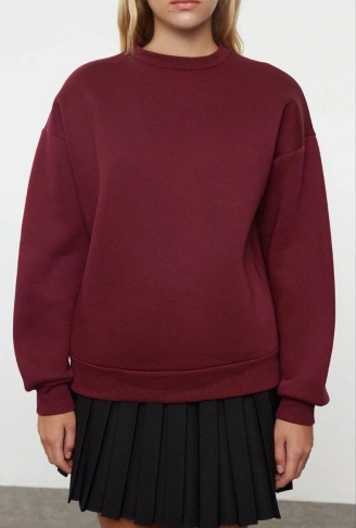 3 iplik şardonlu bisiklet yaka sweatshirt bordo