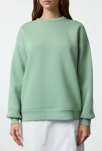 3 iplik şardonlu bisiklet yaka sweatshirt mint