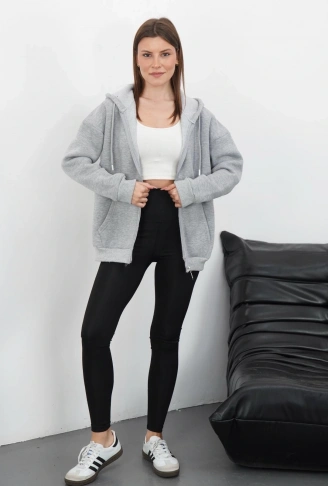 3 iplik şardonlu fermuarlı kapşonlu hırka gri