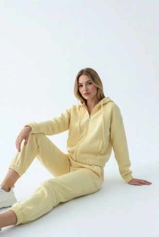 3 iplik şardonlu Kapşonlu fermuarlı kısa üst sarı pat8590