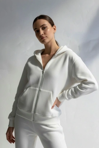 3 iplik şardonlu kapşonlu hoodie frm beyaz p510437