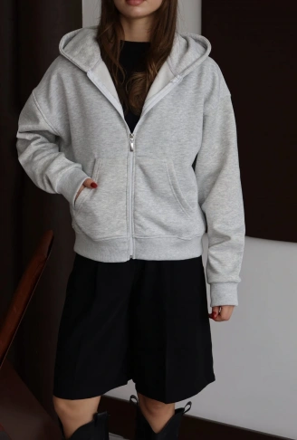 3 iplik şardonlu kapşonlu hoodie frm gri p510437