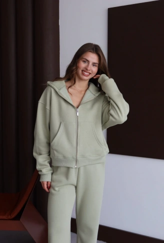 3 iplik şardonlu kapşonlu hoodie frm mint p510437