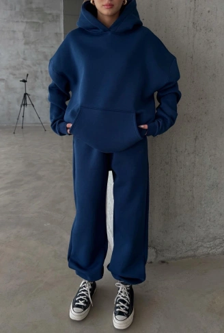 3 iplik şardonlu kapşonlu sweatshirt lacivert p510436