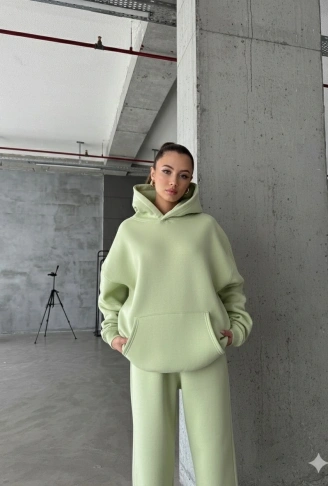 3 iplik şardonlu kapşonlu sweatshirt mint p510436