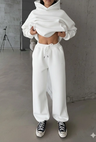 3 iplik şardonlu Lastik paça eşofman beyaz p510439