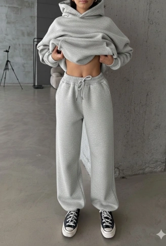 3 iplik şardonlu Lastik paça eşofman gri p510439