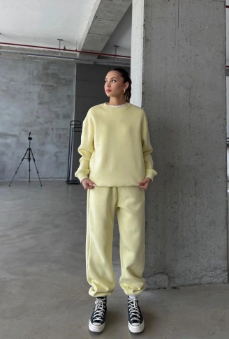 3 iplik şardonlu Lastik paça eşofman sarı p510439