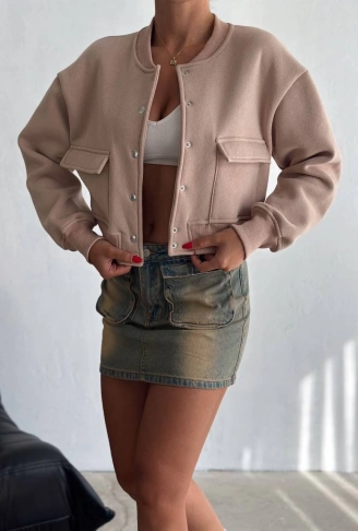 3 iplik şardonlu Önü çıtçıtlı cepli ceket bej f2226