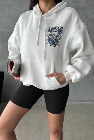 3 iplik şardonlu oversize compact kafa baskılı sweat beyaz