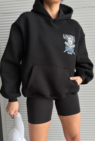 3 iplik şardonlu oversize compact kafa baskılı sweat siyah