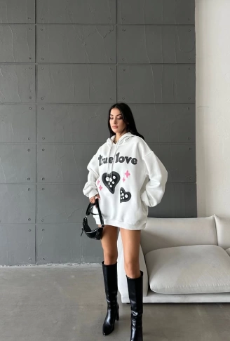 3 iplik şardonlu oversize compact true baskılı sweat Beyaz