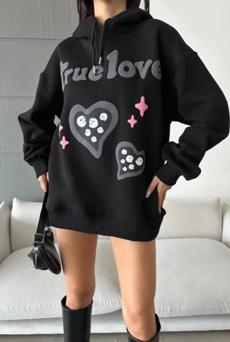 3 iplik şardonlu oversize compact true baskılı sweat siyah