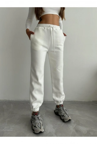 3 iplik şardonlu paça lastikli eşofman beyaz is001