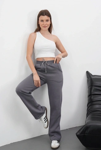 3 iplik şardonlu palazzo pantolon füme md64