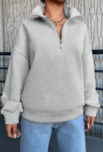 3 iplik Şardonlu yarım fermuarlı sweatshirt gri