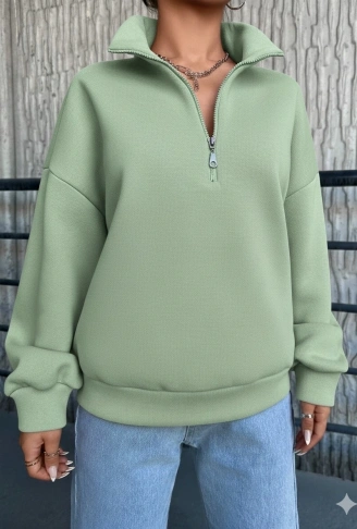 3 iplik Şardonlu yarım fermuarlı sweatshirt mint