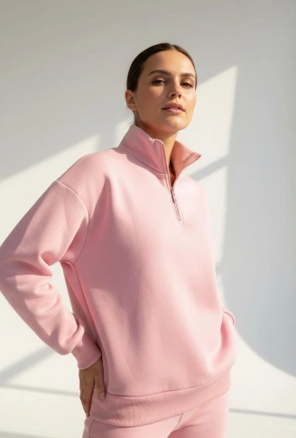 3 iplik Şardonlu yarım fermuarlı sweatshirt somon