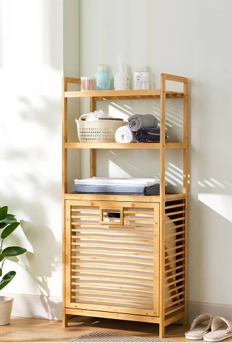 3 ORGANİZER RAFLI - ÇEK AÇ SEPET AHŞAP BAMBU KİRLİ ÇAMAŞIR SEPET 40X30X130CM (4940)