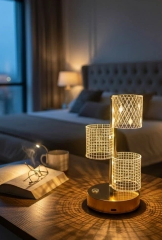 3 Parça Silindirik Kristal Ekose Kareli LED Masa Lambası – Gold Gövdeli, Dokunmatik, 3 Kademe Işık Ayarlı Şarjlı Dekoratif Lamba (4940)